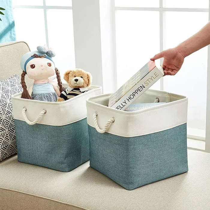 11 Inch Linen Fabric Storage Bag Large Capacity Square Collapsible Clothes Toy Organizer(Khaki an...