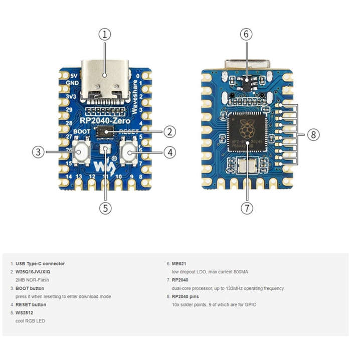 Waveshare Pico-Like MCU Board Based On Raspberry Pi RP2040, Spec: Zero-M