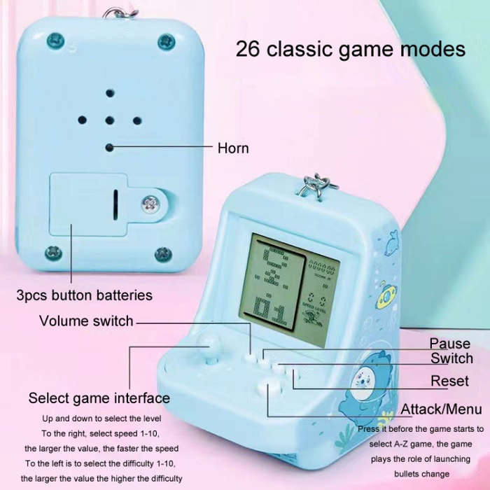 Child Portable Arcade Game Machine Keychain Pendant Mini Building Block Game Toy Gift(Blue)