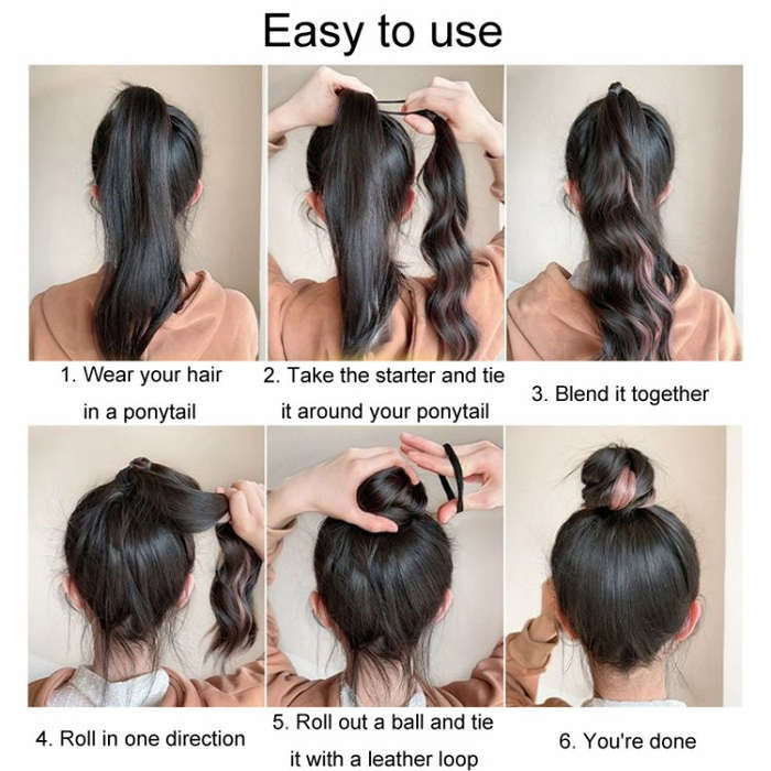 Self-Tying Ball-Head Wig Hair Bundle Simulation Hair Bands(Brown Black Highlight Blue)