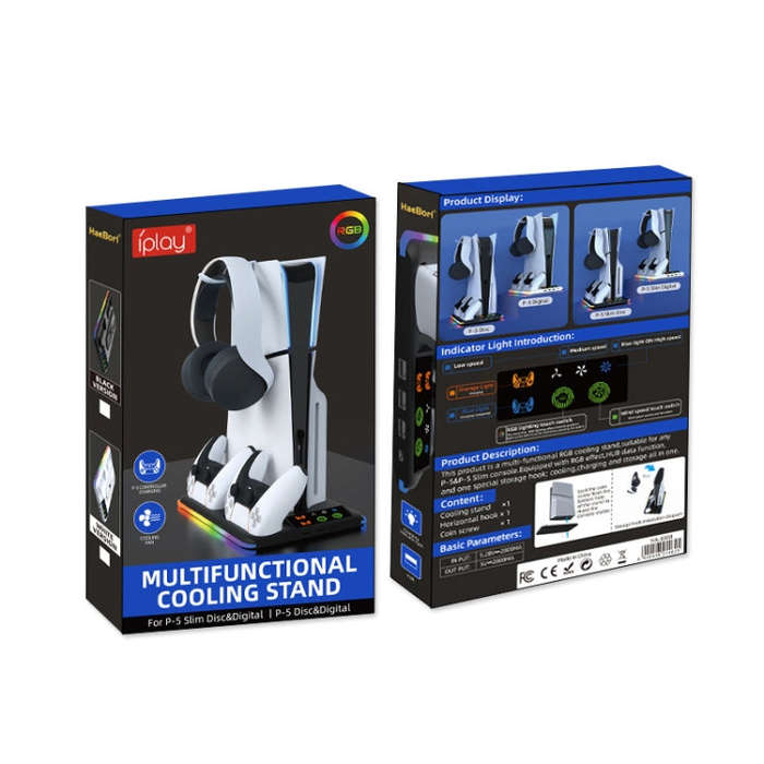 For PS5 Slim / PS5 iplay HA-8008 Cooling Bracket Headphone Organiser Grip Holder Charger(Black)