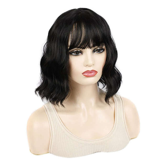 Water Wave Ripple Short Curly Hair With Bangs Fluffy Wig Headcovers, Color: Natural Black