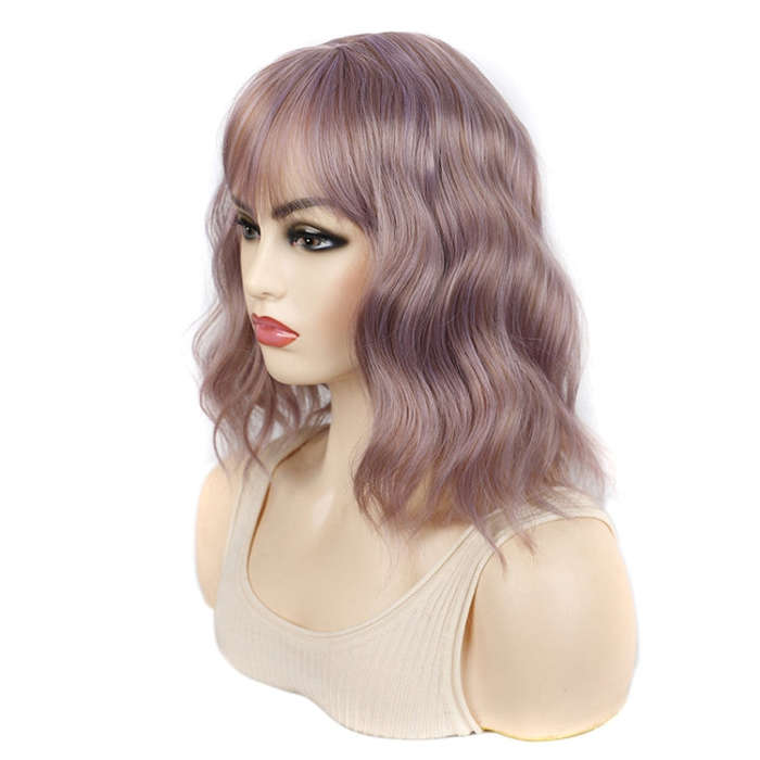 Water Wave Ripple Short Curly Hair With Bangs Fluffy Wig Headcovers, Color: Flaxen Color