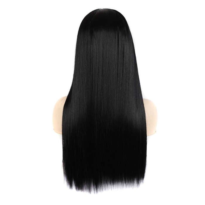 Dynamic Long Straight Hair With Messy Bangs Wig Headcover(Black)