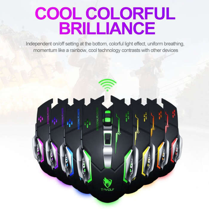 T-WOLF Q13 2.4GHz 6-keys RGB Colorful Light Gaming Wireless Mouse, Color: Dual Mode Star Black