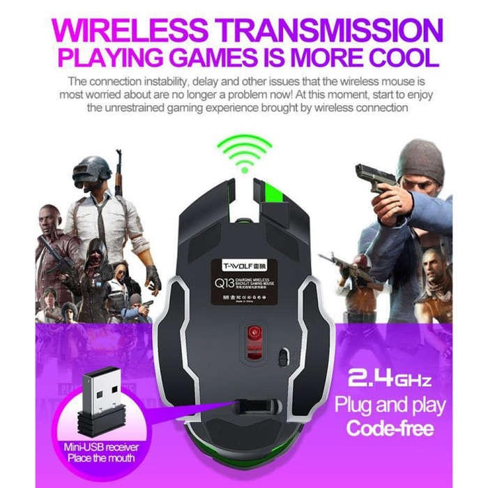 T-WOLF Q13 2.4GHz 6-keys RGB Colorful Light Gaming Wireless Mouse, Color: Single Mode Star Black
