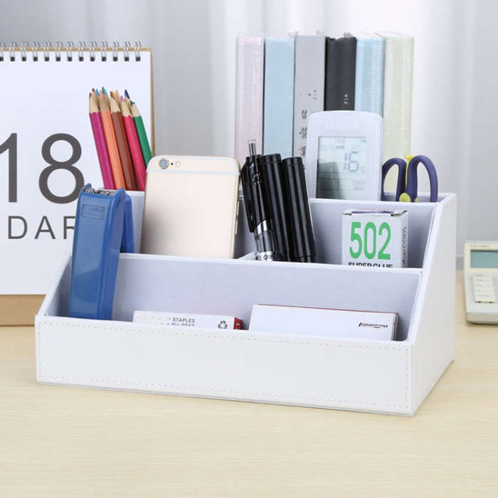 Desktop Stationery Box Multi-functional PU Leather Home Compartment Sundry Organizer Storage Box,...