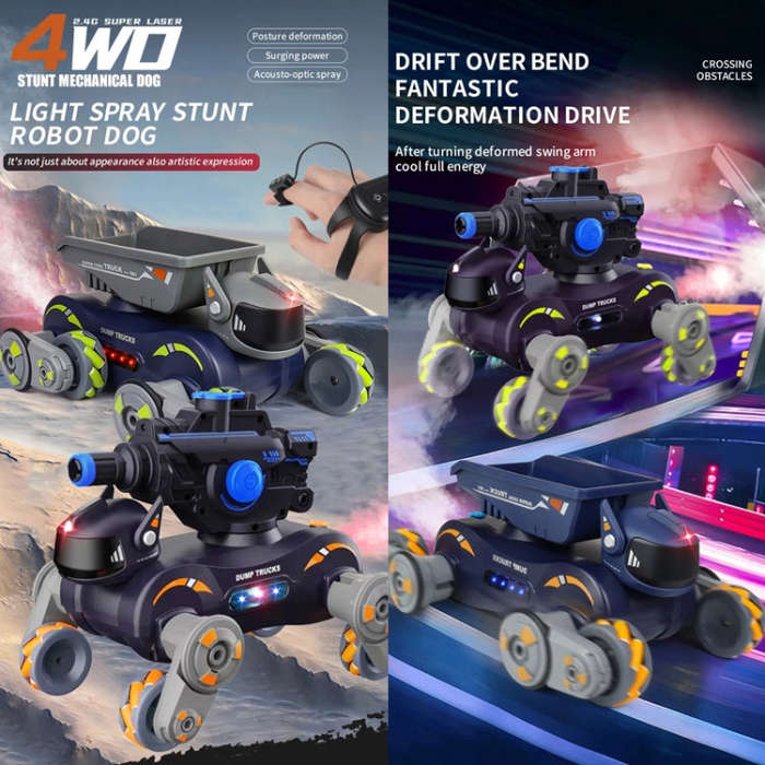 Eight Wheel Stunt Robot Dog Smart Gesture Sensor RC Kids Toy Car With Lights Music Spray Car, Sty...