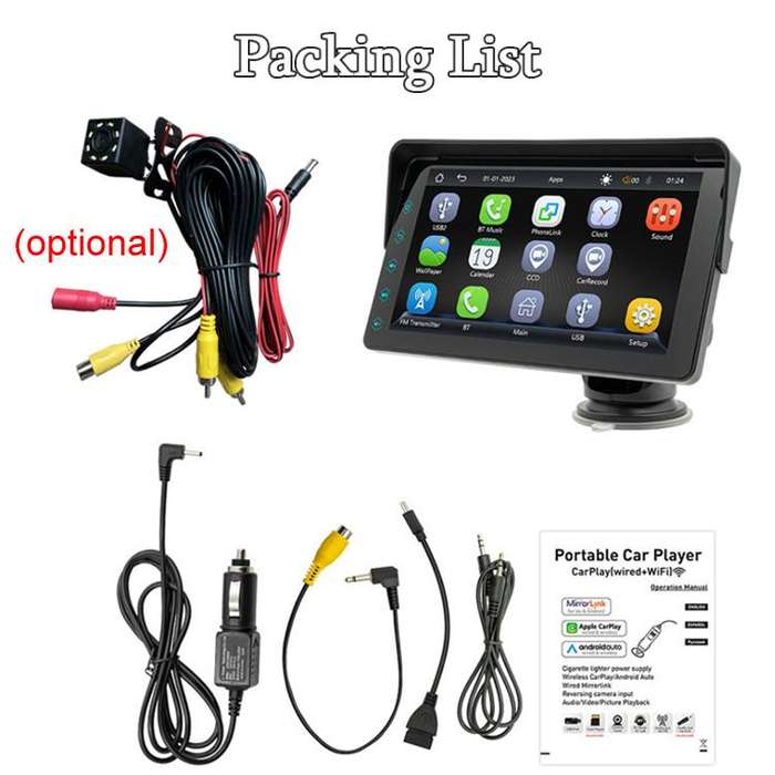 7 Inch Bluetooth 5.0 Portable CarPlay Monitor, Specifications: Display + Camera