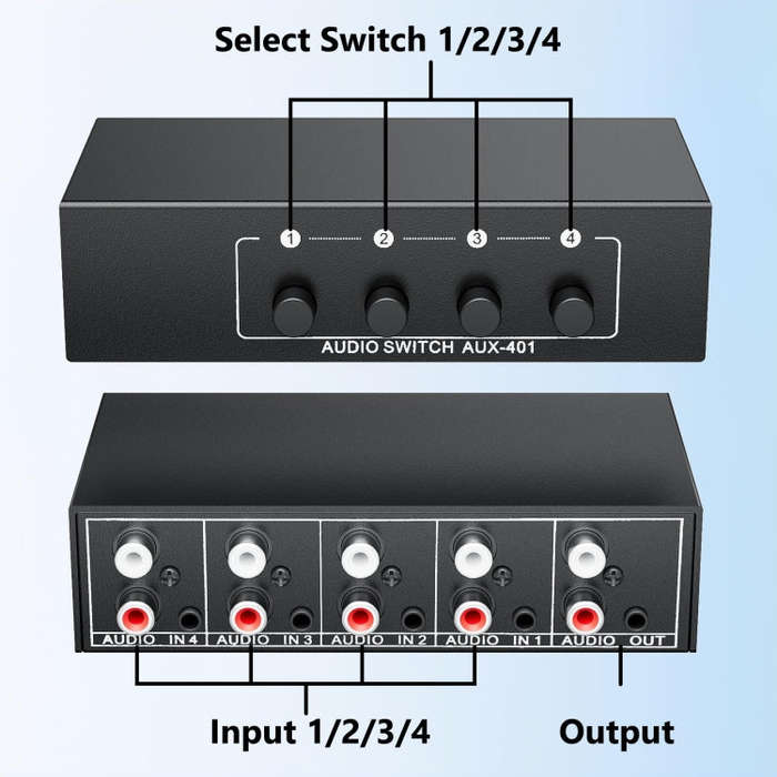 4 In 1 Out  3.5mm + RCA Audio Switcher 4 Channels Audio Converter(Black)