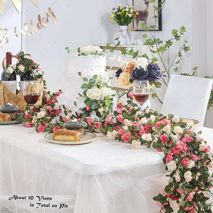 2pcs Simulated Rose Vine Plant Wedding Living Room Christmas Decoration, Color: Light Pink + Dark...