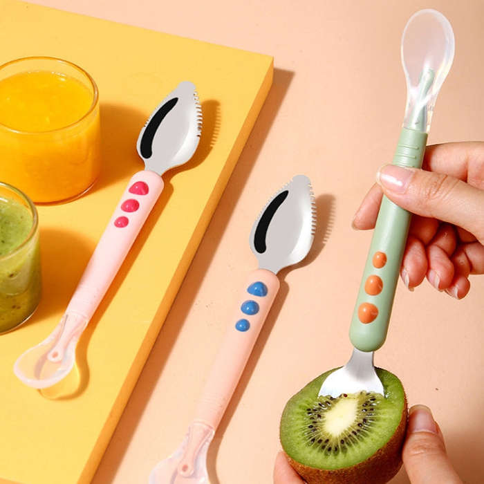 Multi-function Double-head Baby Food Spoon Baby Tableware Fruit Scraper Spoon(Green)