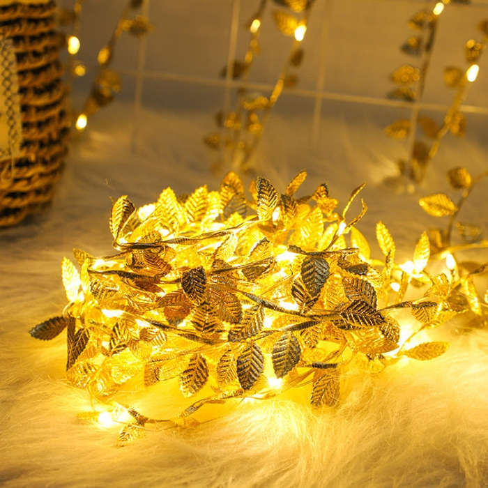 2m 20 Lights LED Artificial Golden Leaf Vine Light String For Christmas Holiday Decoration