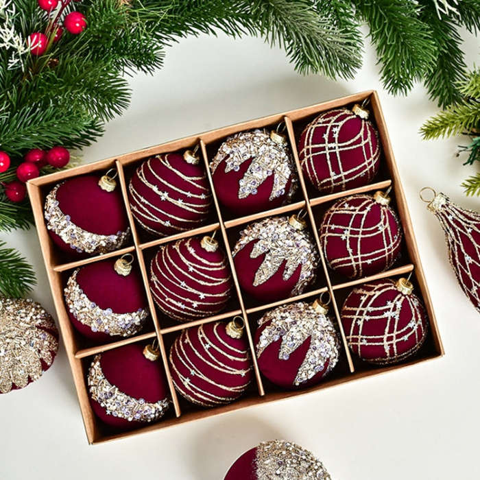 12pcs /Box 6cm Diamond Flocked Christmas Balls Painted Christmas Tree Ornaments(Red Wine)