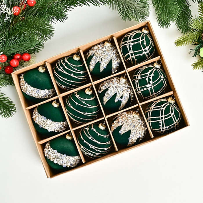 12pcs /Box 6cm Diamond Flocked Christmas Balls Painted Christmas Tree Ornaments(Dark Green)