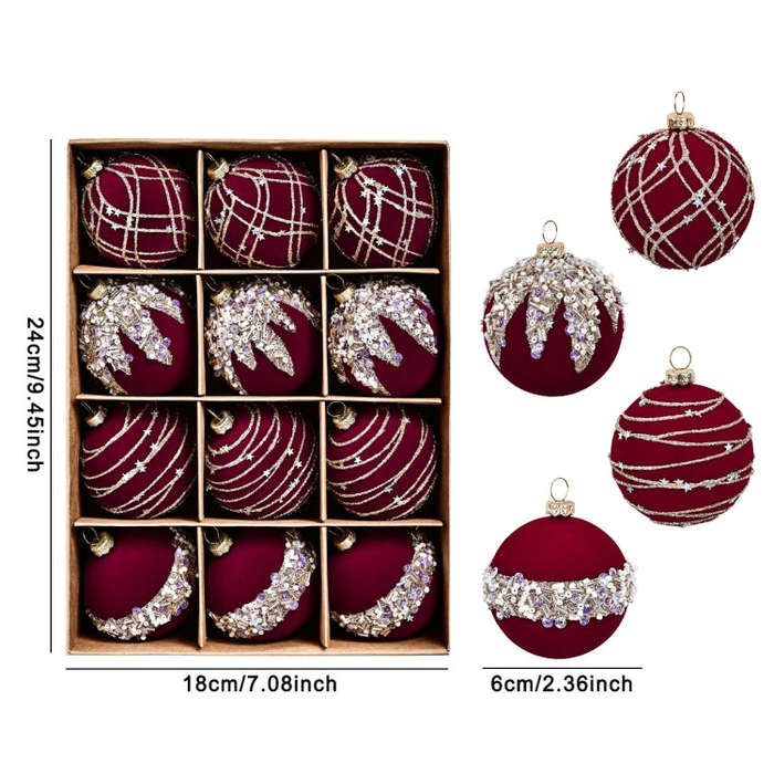 12pcs /Box 6cm Diamond Flocked Christmas Balls Painted Christmas Tree Ornaments(Dark Green)