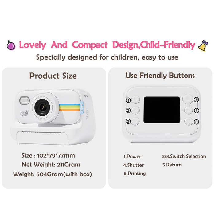 2.0-Inch LED Flash 1080P HD Recording Photo Printing Camera With 3-Rolls Paper, Color: Black