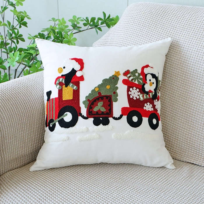 Christmas Embroidery Pillowcase Canvas Sofa Cushion Cover, Pillow Core Not Included, Style: 45x45...
