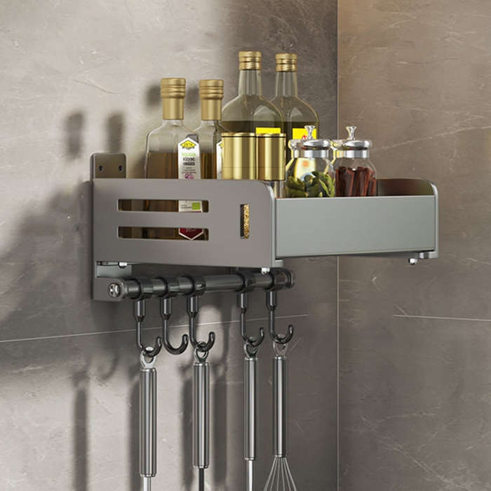 Wall Mounted Kitchen Spice Rack Carbon Steel Bathroom Storage Shelf Towel Rack 20cm With Hooks