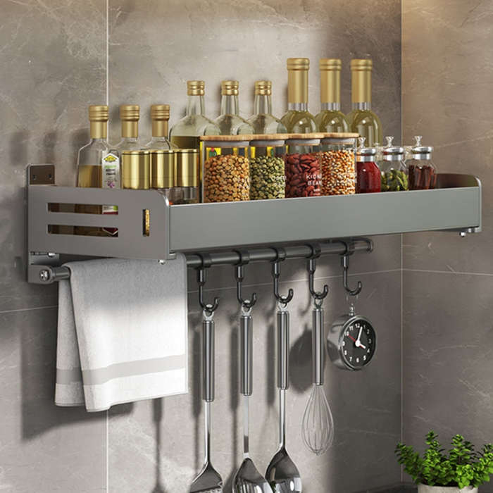 Wall Mounted Kitchen Spice Rack Carbon Steel Bathroom Storage Shelf Towel Rack 50cm With Hooks