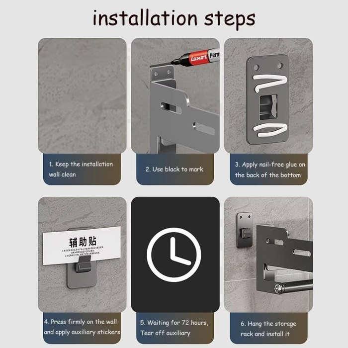 Wall Mounted Kitchen Spice Rack Carbon Steel Bathroom Storage Shelf Towel Rack 30cm With Hooks