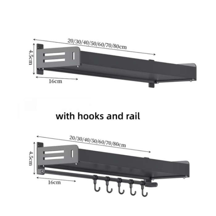 Wall Mounted Kitchen Spice Rack Carbon Steel Bathroom Storage Shelf Towel Rack 20cm With Hooks
