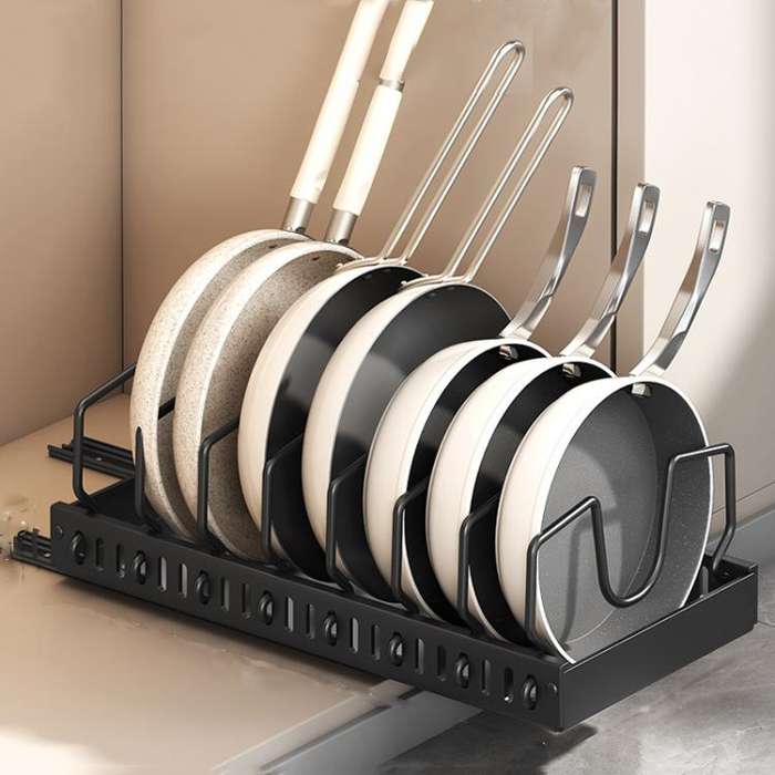 Kitchen Pull-Out Rack Pots And Pans Organizer Cabinet Countertop Dish Tray 42cm With Baffle Black