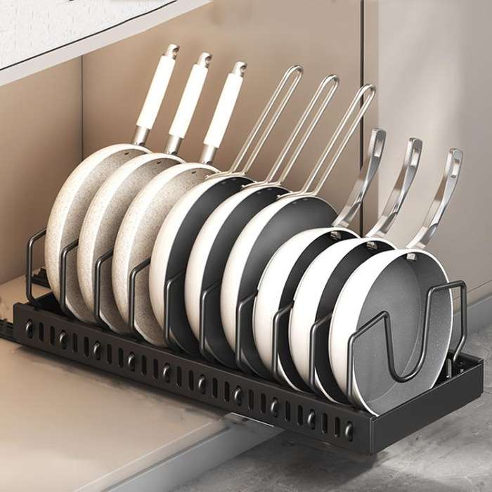 Kitchen Pull-Out Rack Pots And Pans Organizer Cabinet Countertop Dish Tray 52cm With Baffle Black
