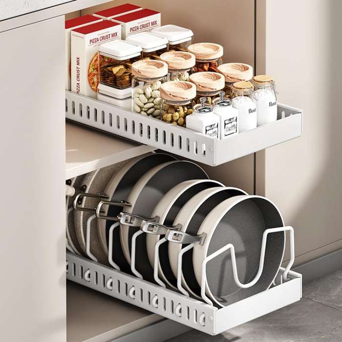 Kitchen Pull-Out Rack Pots And Pans Organizer Cabinet Countertop Dish Tray 42cm With Baffle Black