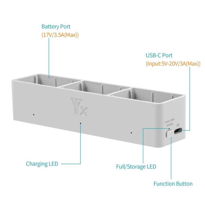 For DJI Avata 2 YX Charger 3-way Charging Butler Supports PD 65W(Silver Gray)
