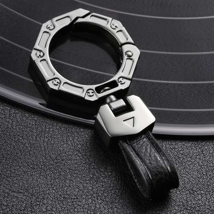 Hallmo Business Zinc Alloy Top-Layer Cowhide Key Chain Car Key Anti-Lost Pendant(Black)