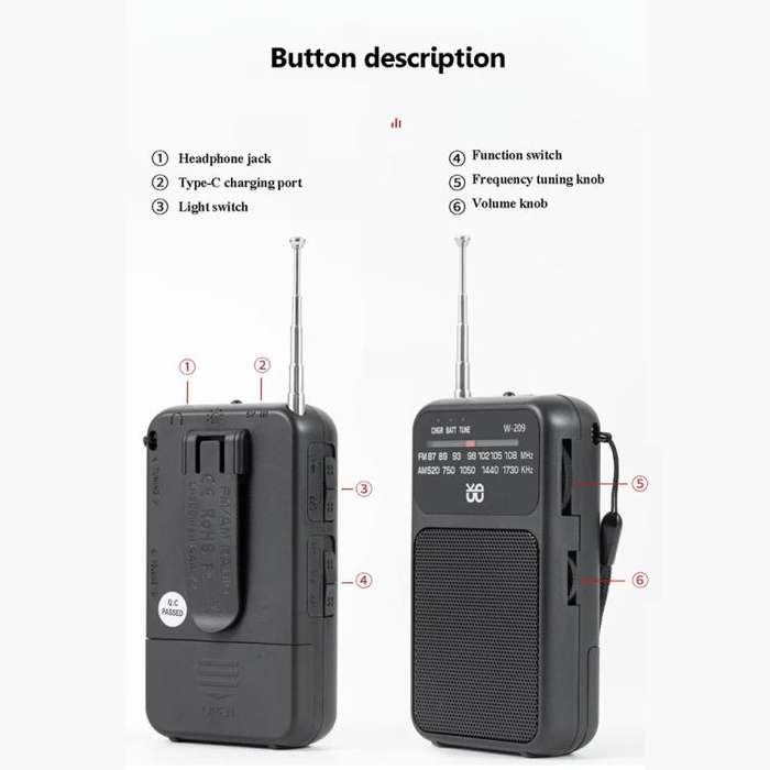 W-209 Mini Portable Rechargeable / Battery Dual-mode Powered Pointer FM Radio with Flashlight(White)
