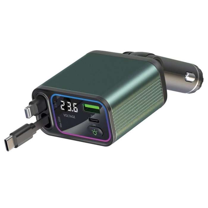 Dual Retractable Cable Auto Stowage Running Ambient Light Voltage Display Car Charger, Port: Type...