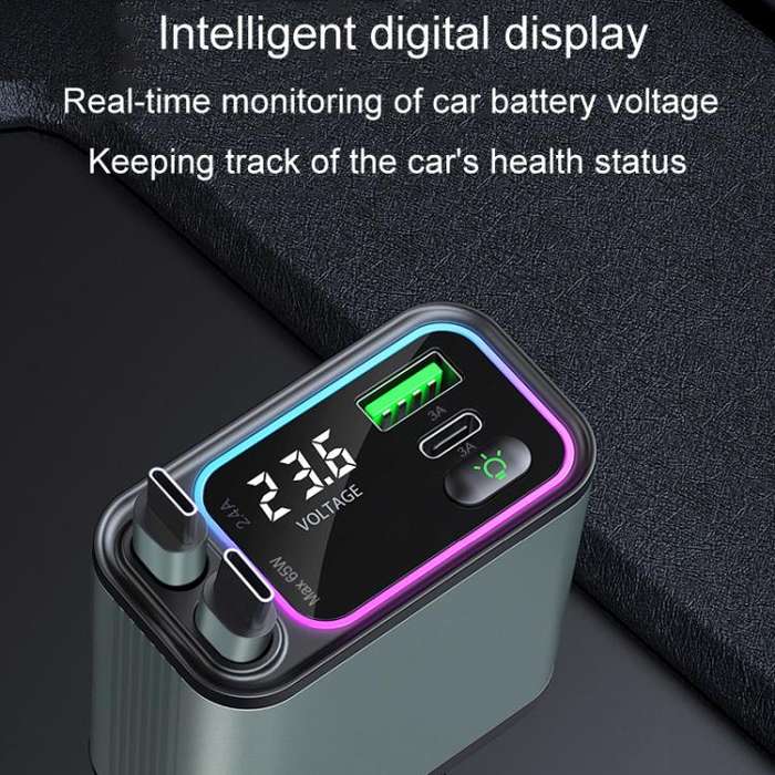 Dual Retractable Cable Auto Stowage Running Ambient Light Voltage Display Car Charger, Port: Type...
