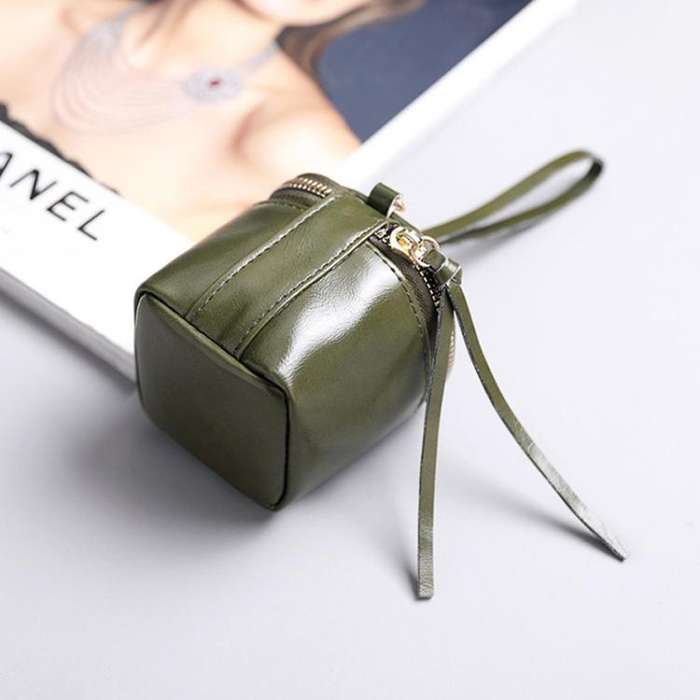 Oil Wax PU Leather Portable Bucket Bag Mini Retro Lipstick Earphone Bag Small Objects Storage Coi...