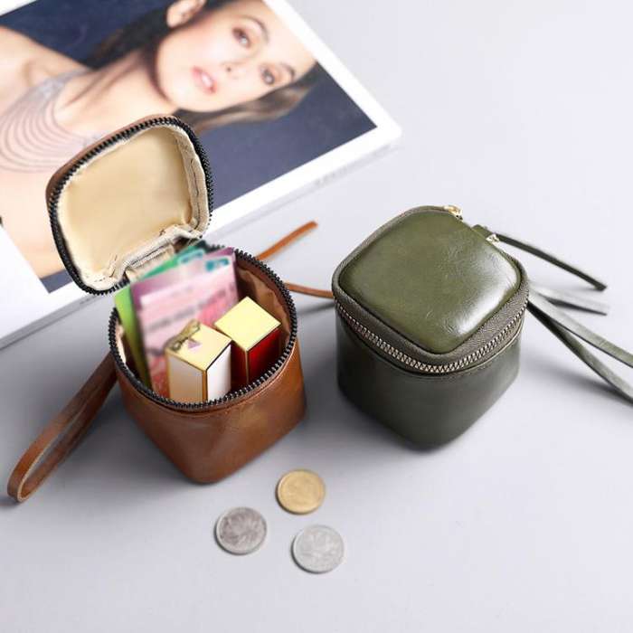 Oil Wax PU Leather Portable Bucket Bag Mini Retro Lipstick Earphone Bag Small Objects Storage Coi...