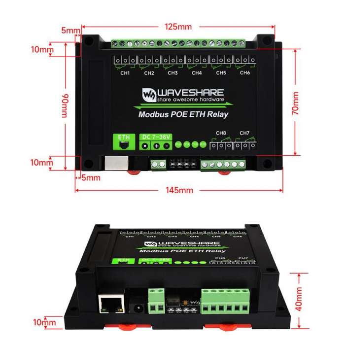 Waveshare 24964 Industrial 8-ch Ethernet Relay Module, PoE Port Communication(Modbus POE ETH Relay)