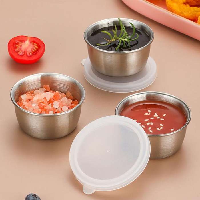 40ml 304 Stainless Steel Sauce Cup With Plastic Lid Sealed Leak-Proof Dipping Dish Seasoning Dish