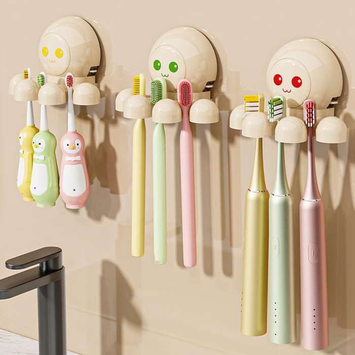 Octopus Suction Cup Toothbrush Holder Bathroom Wall Mounted Toothbrush Storage Shelf(Red)