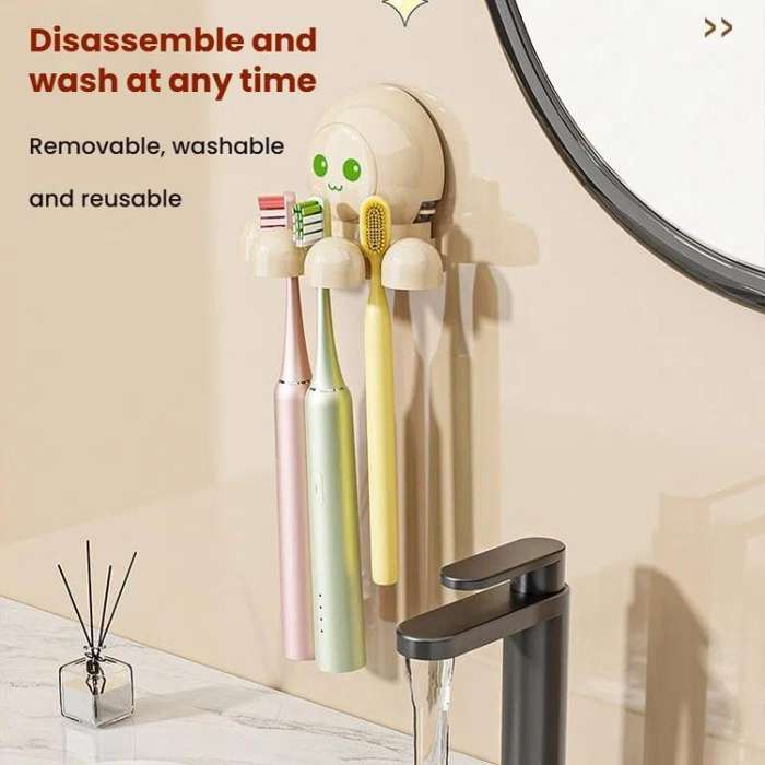 Octopus Suction Cup Toothbrush Holder Bathroom Wall Mounted Toothbrush Storage Shelf(Yellow)