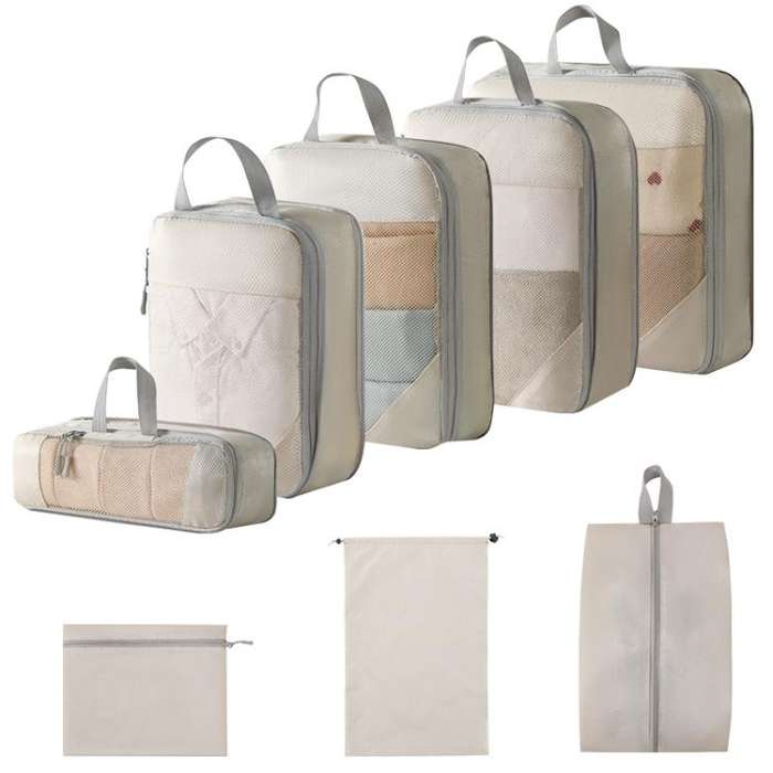 8 In 1 Mesh Compressed Travel Organizer Bag Luggage Clothes Shoes Toiletries Storage Bag(Beige)