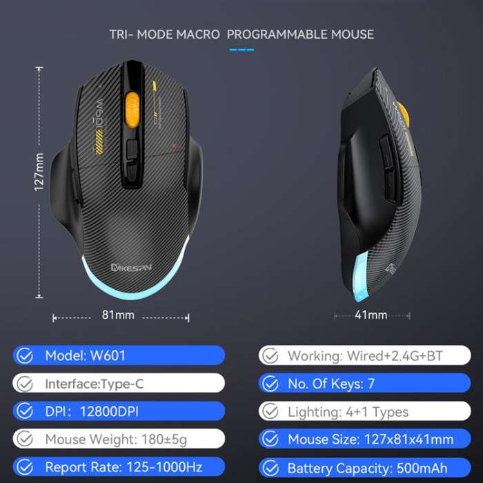 MKESPN W601 Silent Wireless Tri-mode Macro Gaming Mouse Carbon Fiber 12800DPI Bluetooth Mouse(Black)