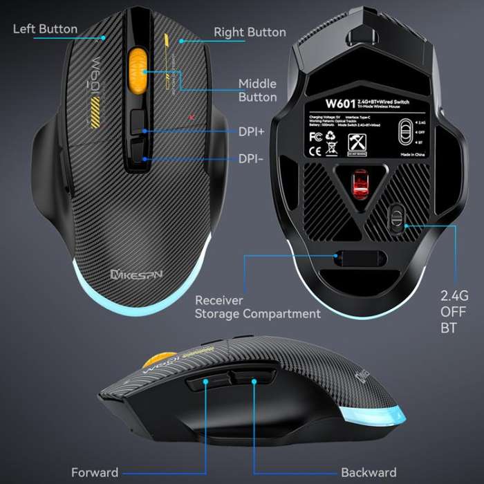 MKESPN W601 Silent Wireless Tri-mode Macro Gaming Mouse Carbon Fiber 12800DPI Bluetooth Mouse(White)