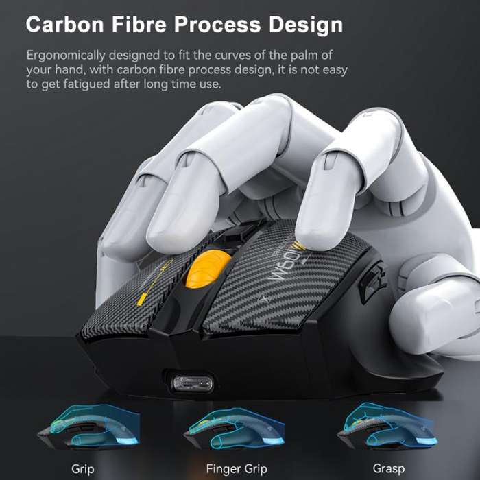 MKESPN W601 Silent Wireless Tri-mode Macro Gaming Mouse Carbon Fiber 12800DPI Bluetooth Mouse(Black)