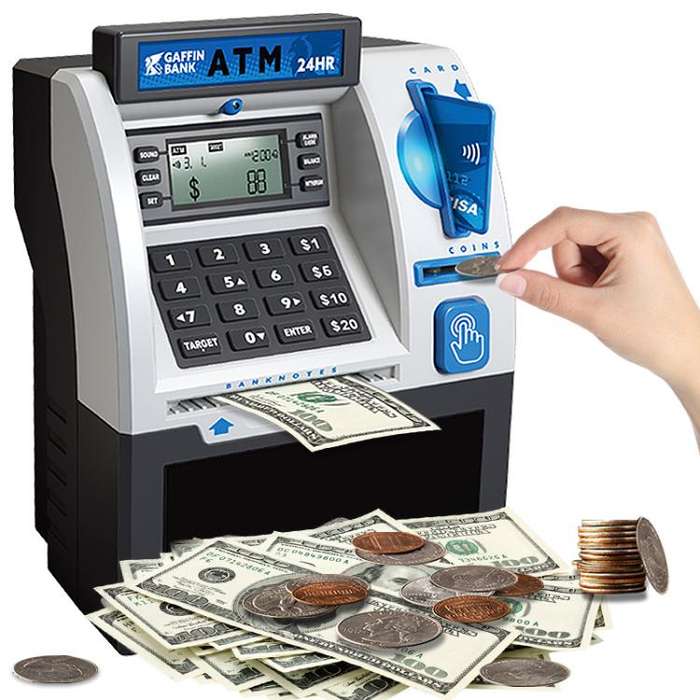 Simulated ATM Automatic Teller Machine Smart Password Card Swipe Children Piggy Bank(Blue)