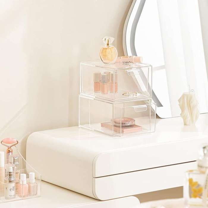 2pcs /Pack Stackable Makeup Drawer Organizer Acrylic Cosmetic Storage Box(Transparent)