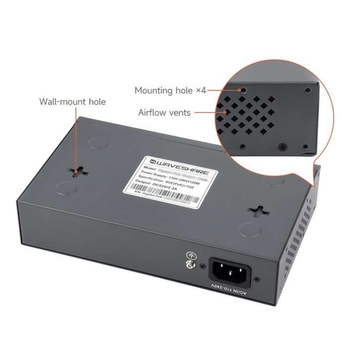 Waveshare 120W Industrial 4-Ports Gigabit Ethernet PoE Switch(EU Plug)
