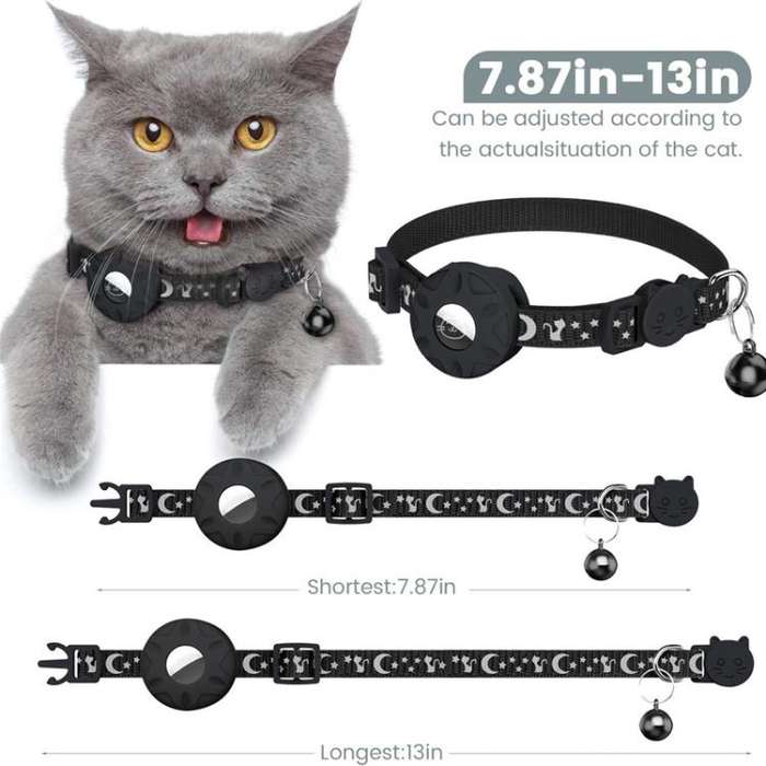 For AirTag Tracker Silicone Case Reflective Stars And Moon Cats Dogs Pet Collar With Bell(Purple)