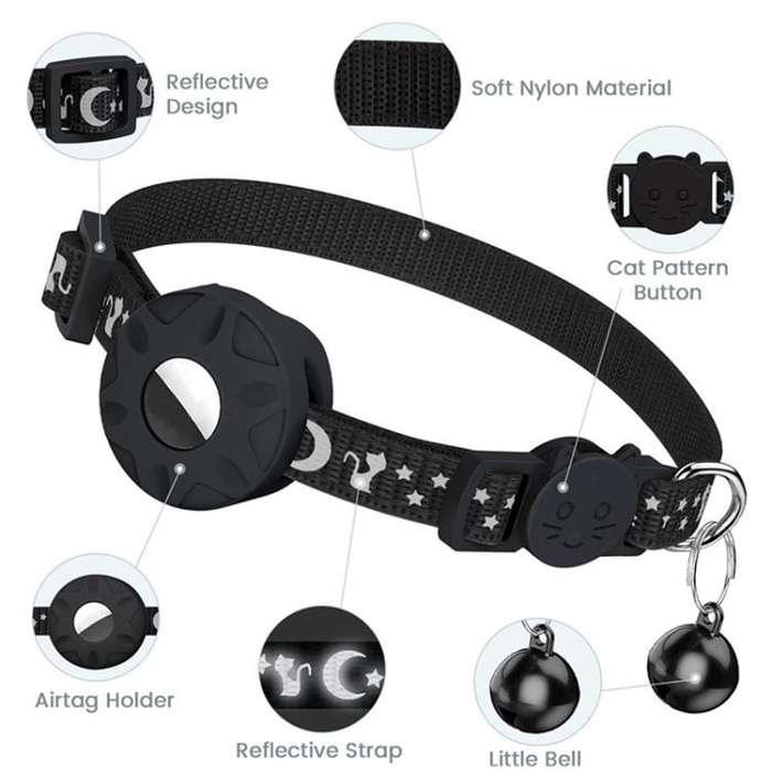 For AirTag Tracker Silicone Case Reflective Stars And Moon Cats Dogs Pet Collar With Bell(Pink)