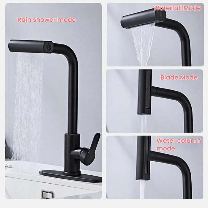 Pull-Out 4 Modes Waterfall Kitchen Faucet Hot/Cold Water Mixer Tap With Base(Black)